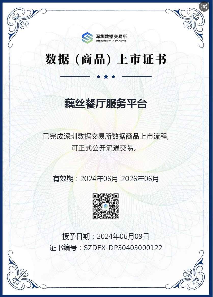 优信无限“藕丝餐厅服务平台”荣获数据（商品）上市证书！